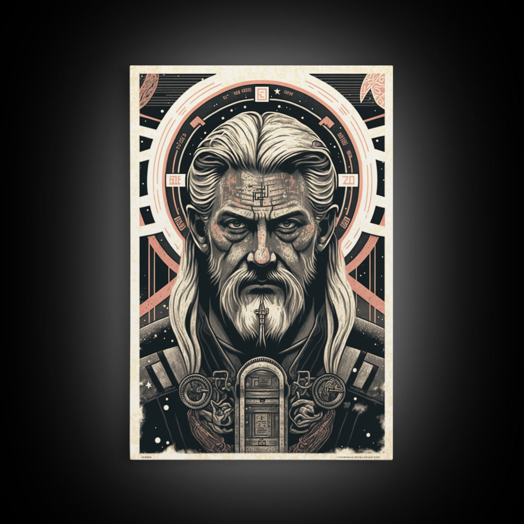 Grunge / Cyberpunk Odin, Norse Mythology, Wall Art, Framed Canvas Print, Futuristic Portrait of Odin