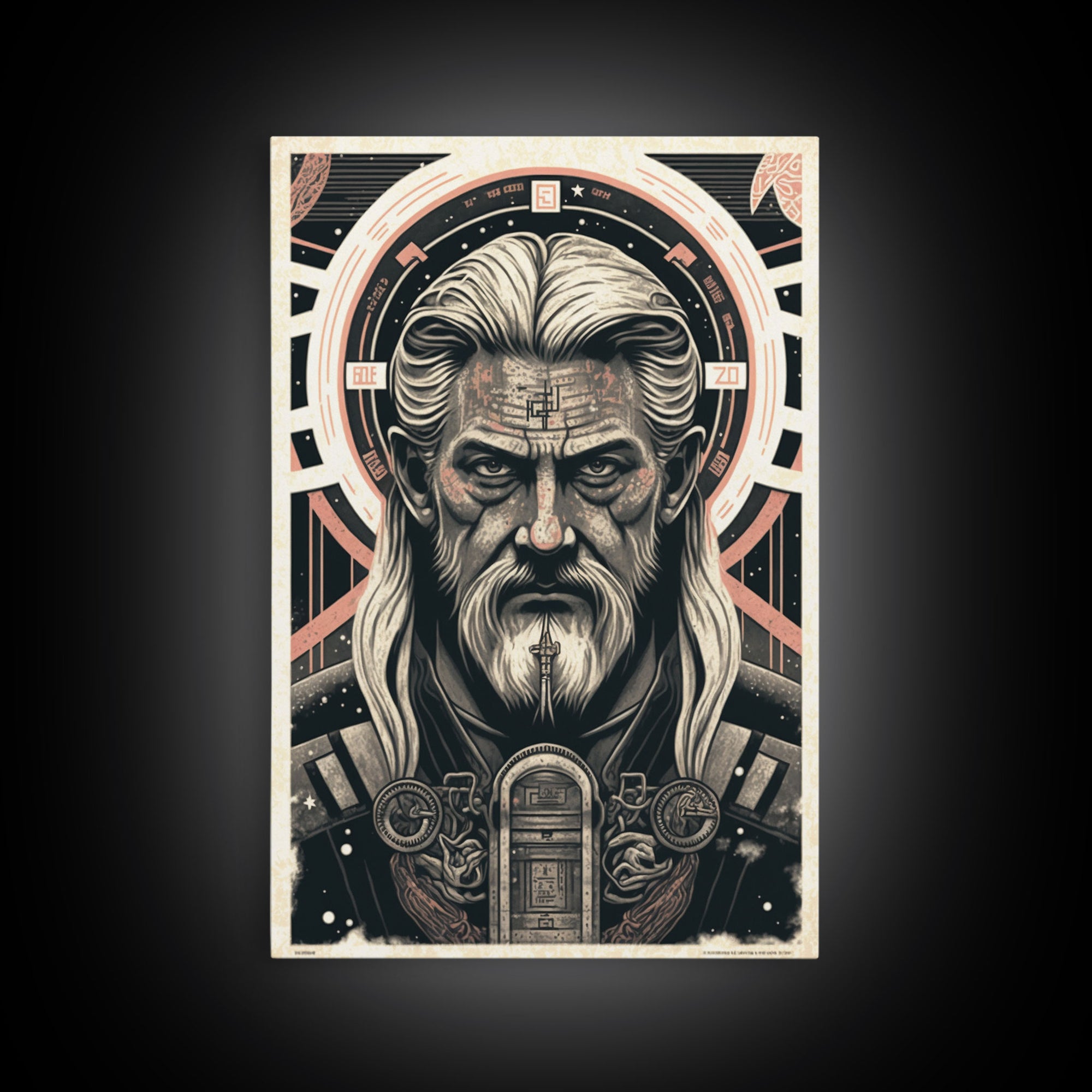 Grunge / Cyberpunk Odin, Norse Mythology, Wall Art, Framed Canvas Print, Futuristic Portrait of Odin