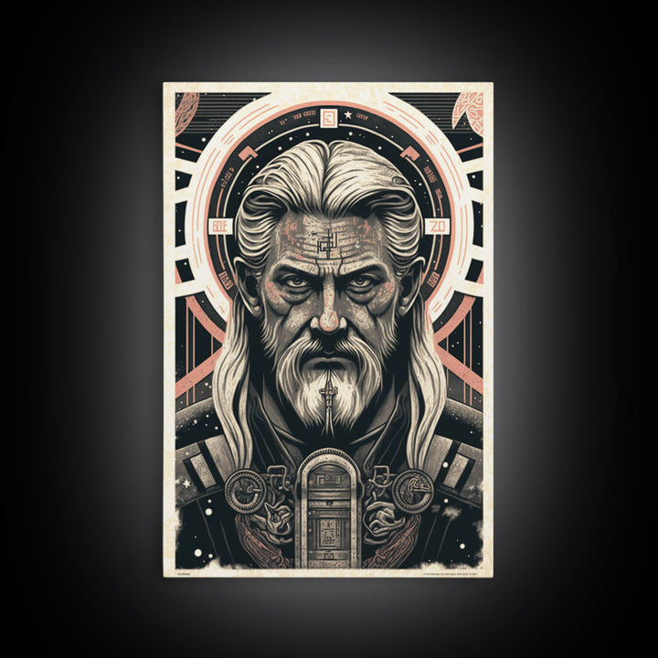 Grunge / Cyberpunk Odin, Norse Mythology, Wall Art, Framed Canvas Print, Futuristic Portrait of Odin