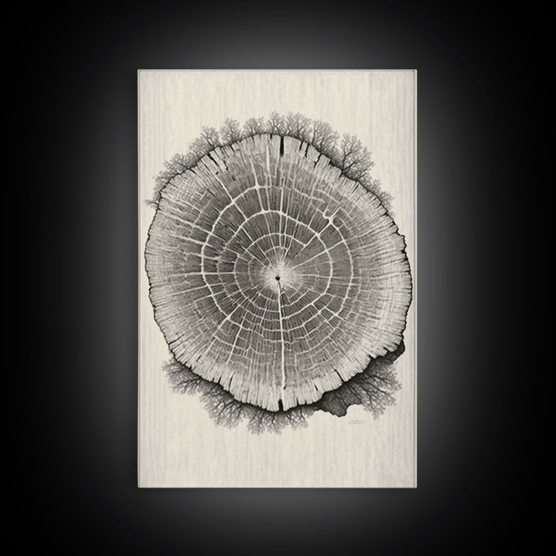 Framed Canvas Print Wall Art,  Grunge Forest Tree Rings, Abstract Illustrations, Modern Art, Nordic Decor for Bedroom, Tree Cross Section