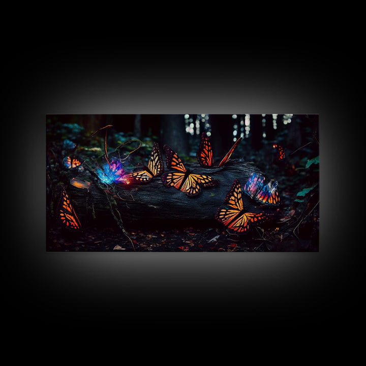 Glowing butterflies, fantasy forest wall art, framed canvas print, mother's day, mom gift, monarch butterflies