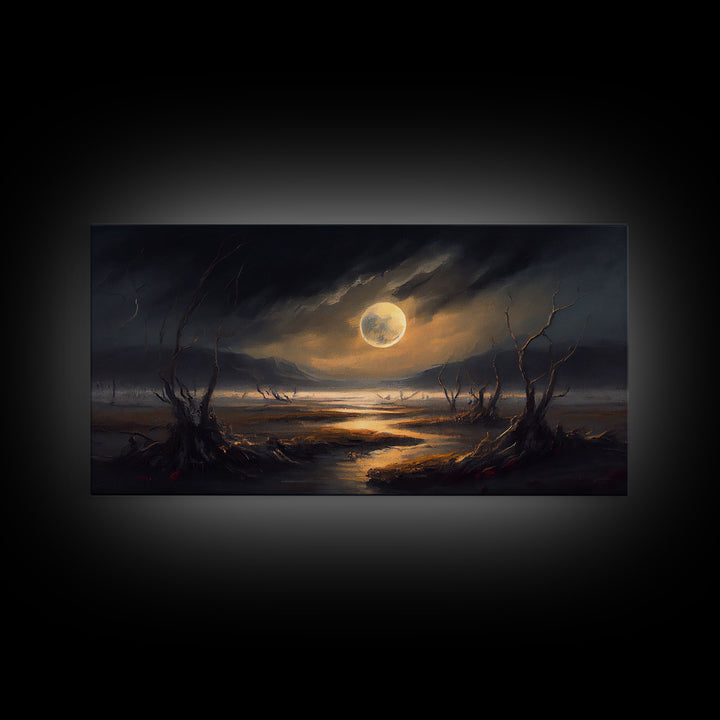 Midnight In The Swamp, Framed Canvas Print, Fantasy Art Canvas, Wall Art, Game Room Art, Full moon