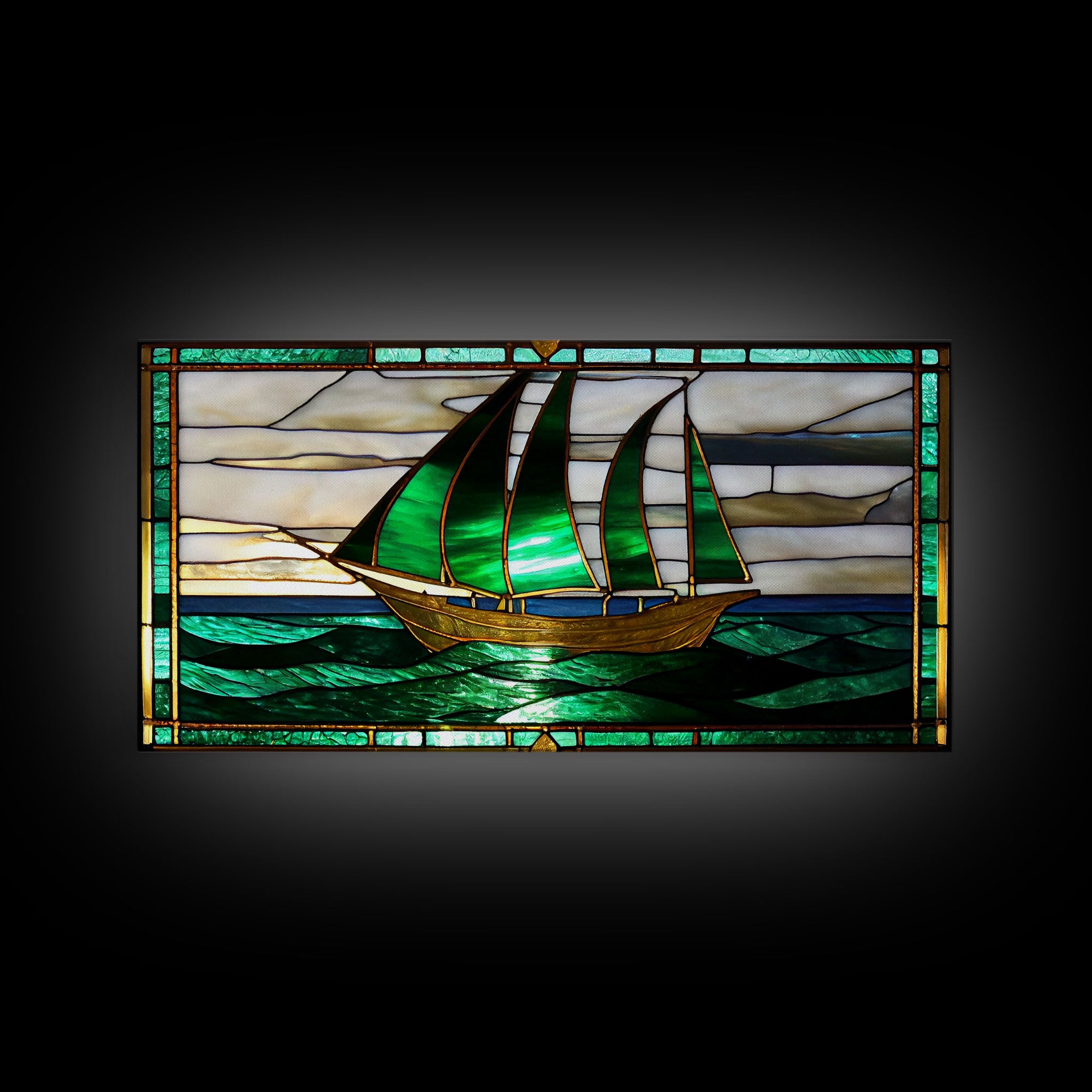 Emerald Green and Gold Art Deco Sail Boat, Framed Canvas Print, Retro MCM Style Wall Art, Midcentury Modern, Vintage Style, Stained Glass