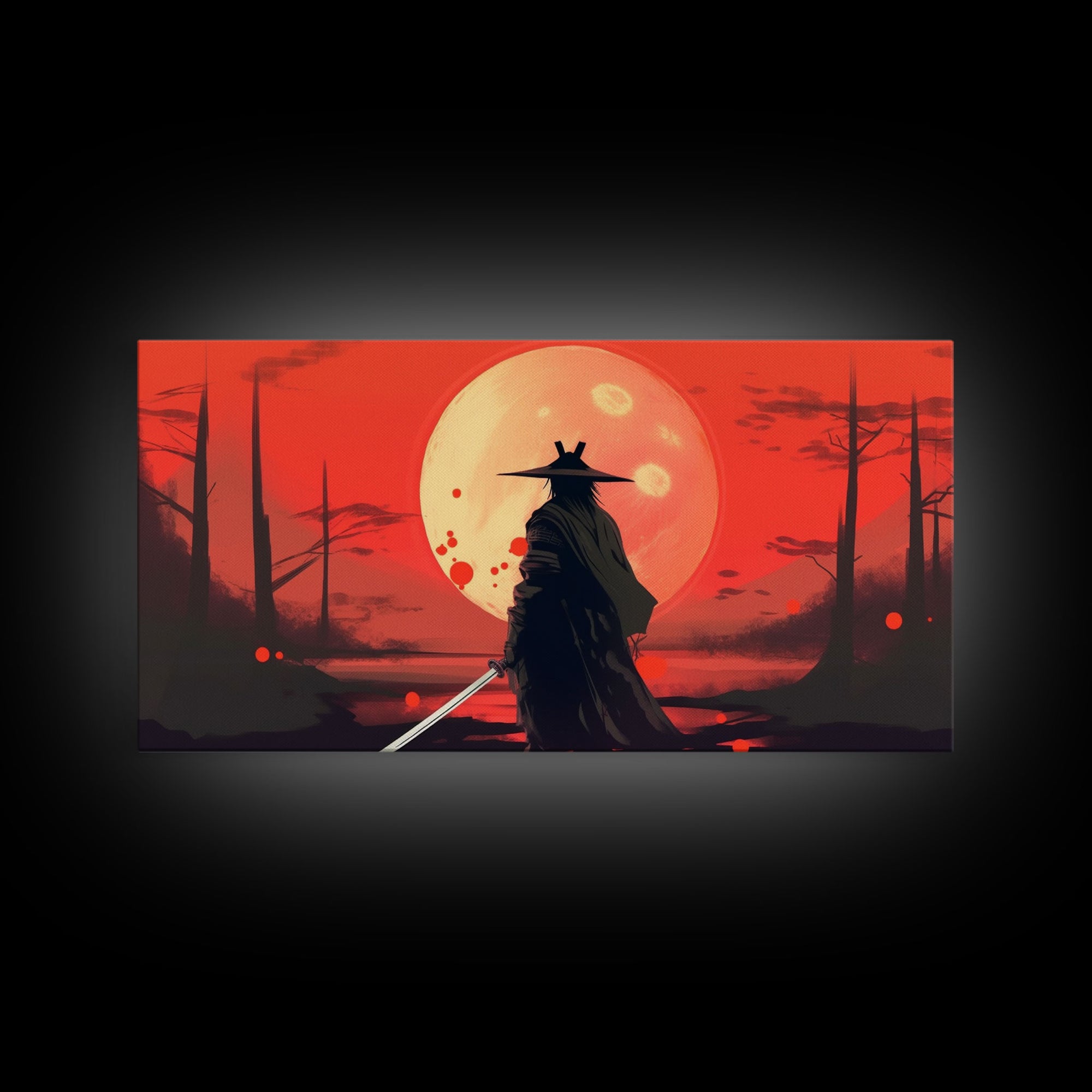 Mysterious Samurai and Blood Moon Print on Canvas, Framed Canvas Print, Modern Wall Art, Canvas Wall Set , Extra Large Wall Art, Warrior Art