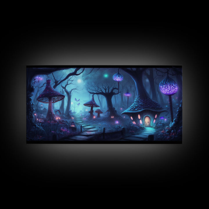 Magical Mushroom Fantasy Forest Wall Art, Framed Canvas Print, Game Room Art, Fantasy Decor