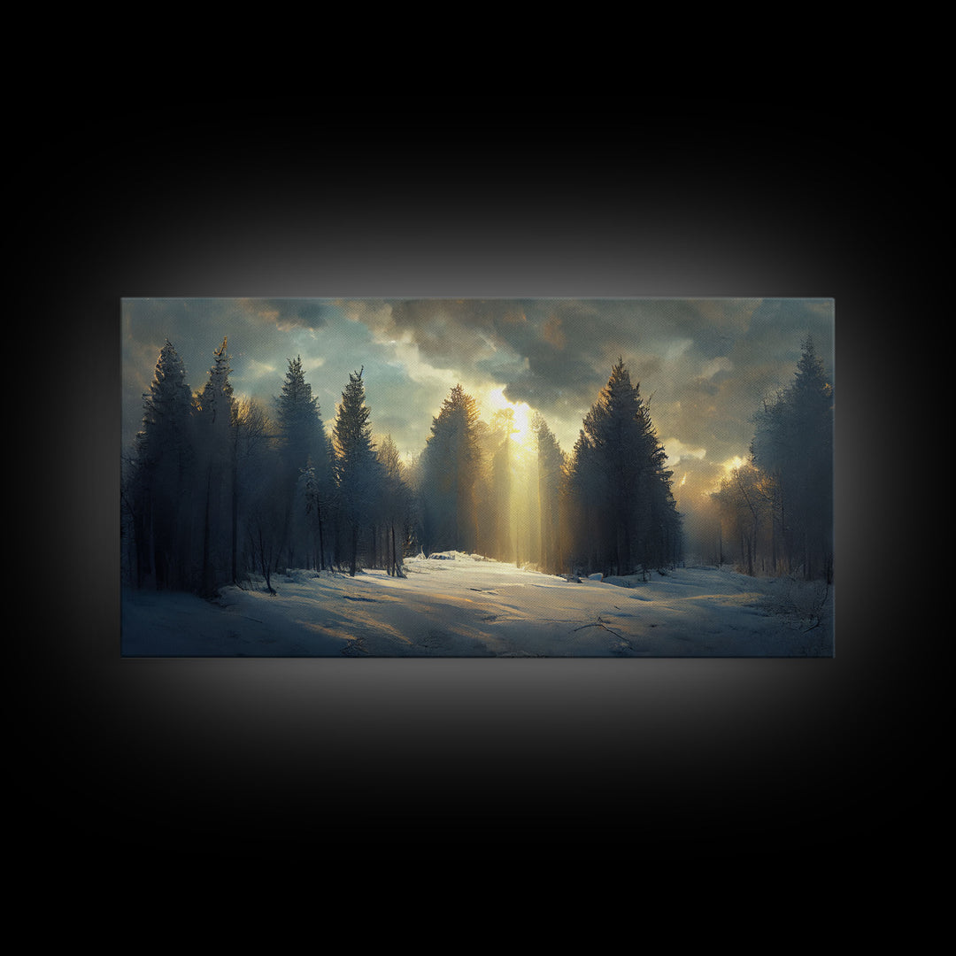 Snowy Forest Canvas Print, Scenic nature landscape, winter art, sunlight shining through the trees, Framed Wall Art
