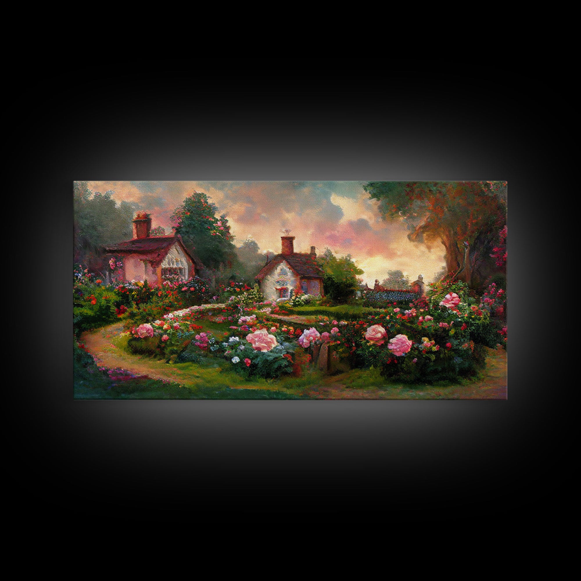 English cottage with rose garden, canvas print, cute English countryside wall art