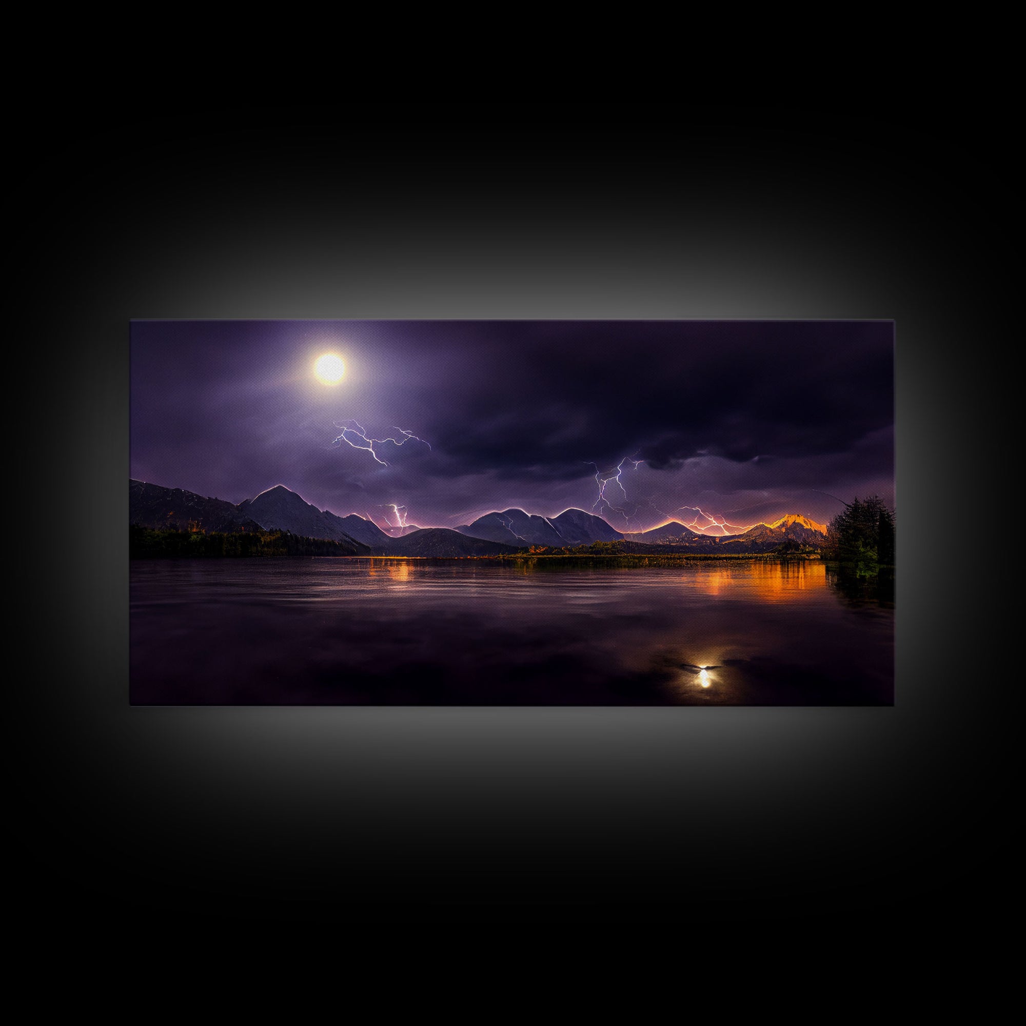 Full moon canvas print, Lightning storm over a mountain lake at night, cool wall art, awesome wall art