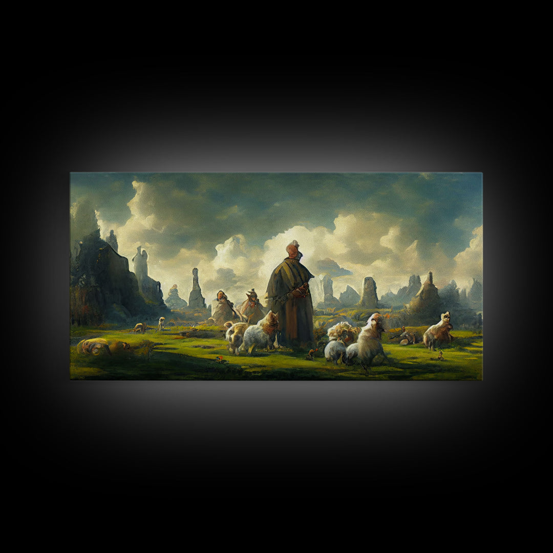 Shepherd and his flock, sheep painting, farmhouse art, watercolor canvas print, Giclee print