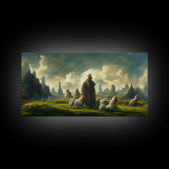 Shepherd and his flock, sheep painting, farmhouse art, watercolor canvas print, Giclee print