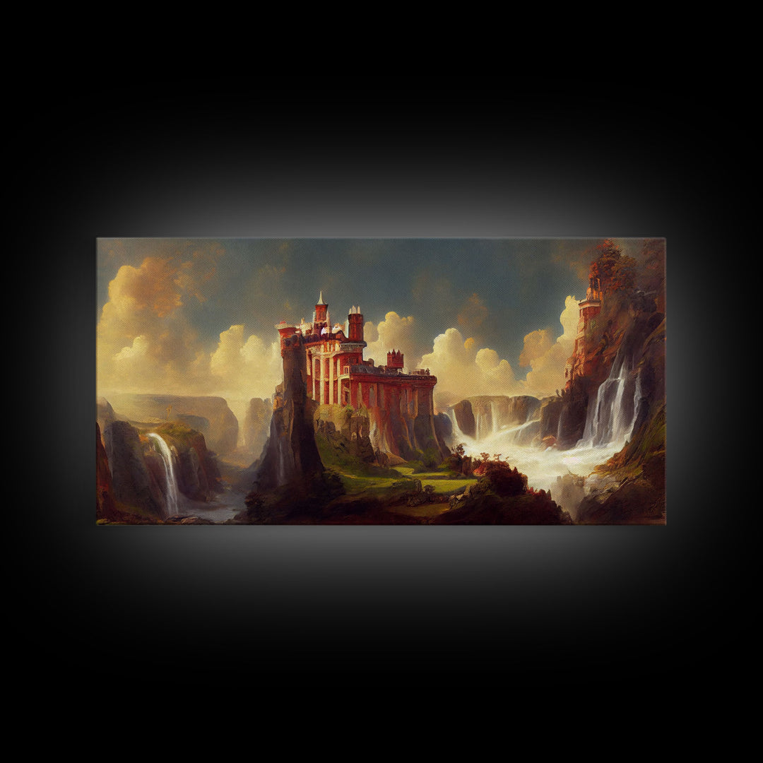 Fantasy wall art, canvas print, castle in the sky, castle atop mountains and waterfalls, watercolor