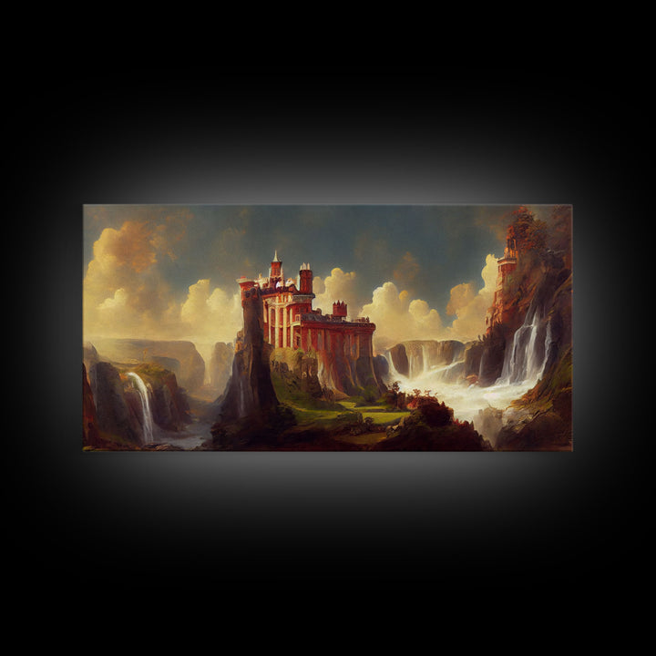 Fantasy wall art, canvas print, castle in the sky, castle atop mountains and waterfalls, watercolor