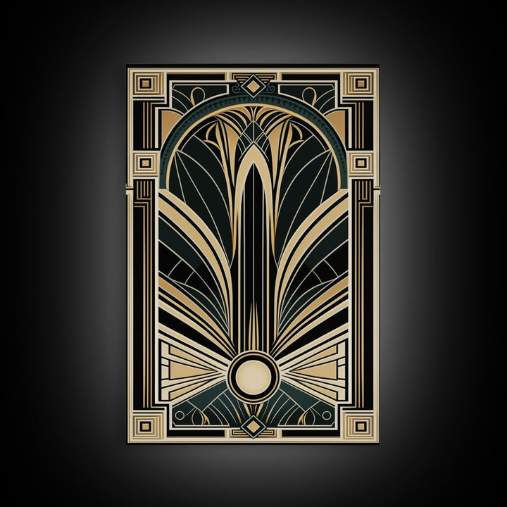 Art Deco Wall art, Framed Canvas Print, Art Deco, Gold & green art, Geometric art, Midcentury Modern, Stained glass art, Office decor