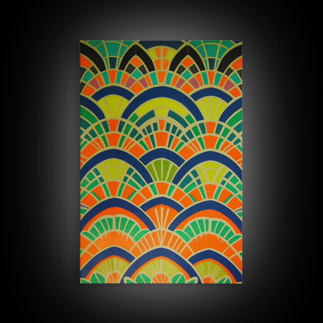 Art Deco Pattern Wall art, Framed Canvas Print, Art Deco, Wall art, Patterns art, Green colors art, Living room art, Colorful painting