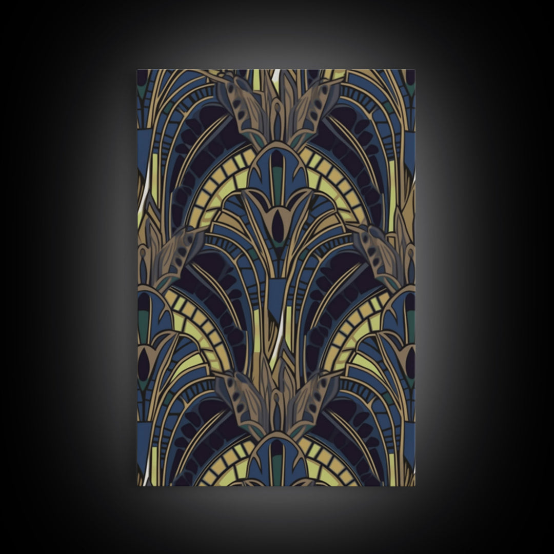 Midcentury Modern Wall art - Framed Canvas Print - Art Deco - Blue colors - Stained glass art - Patterns art - Mosaic art - Living room art