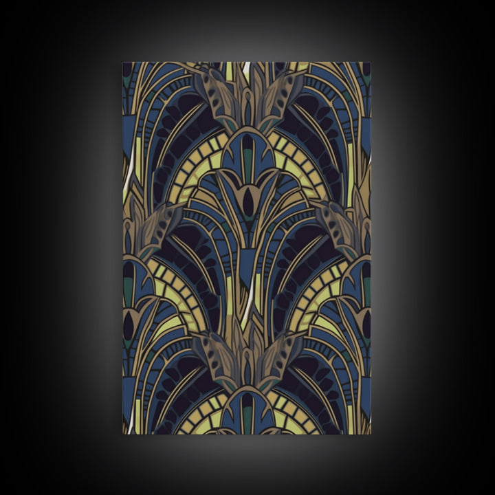 Midcentury Modern Wall art - Framed Canvas Print - Art Deco - Blue colors - Stained glass art - Patterns art - Mosaic art - Living room art