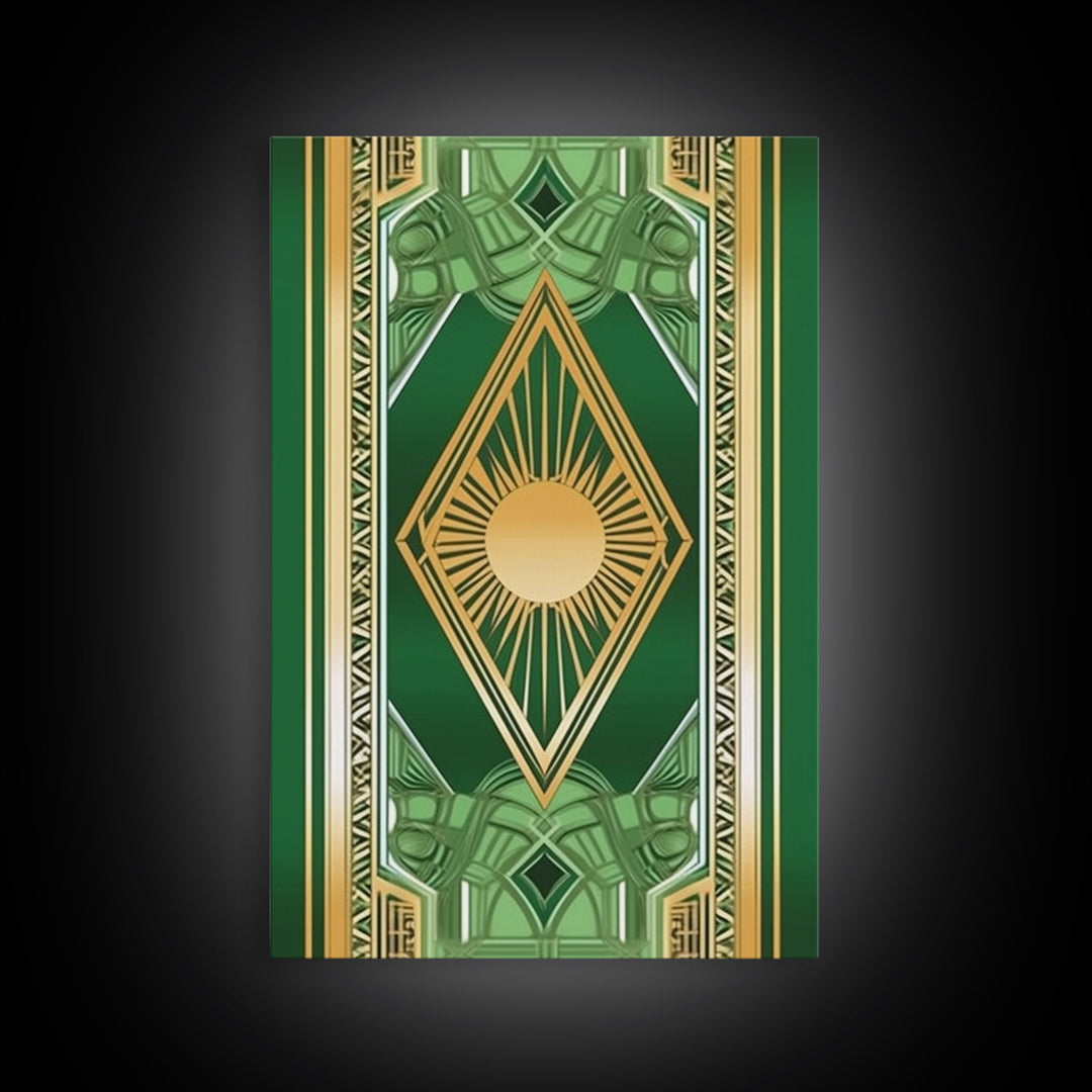 Midcentury Modern Wall art, Framed Canvas Print, Art Deco, Gold & green art, Framed painting, Original painting, Office decor, Geometric art