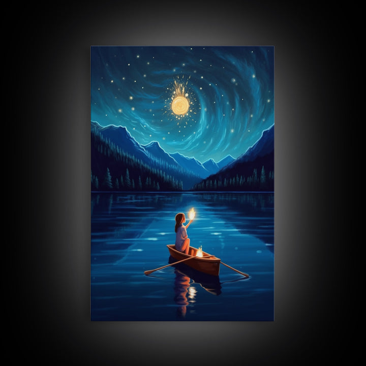 Starry Night, Girl Wizard Lights Up The Night Sky, Fantasy Art, Framed Canvas Print, Fantasy Painting Print, Original Art