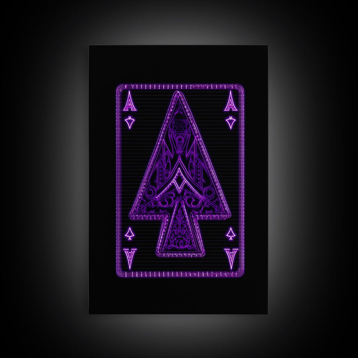 Neon Lights Purple Ace Of Spades Wall Decor, Poker Wall Art, Cards, Minimalist Print, Wall Decor, Canvas Print, Wall Art, Framed Canvas