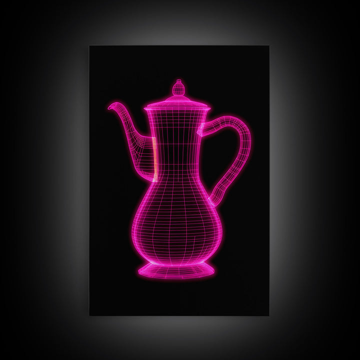 Pink 3D Cofee Pot Wall Art, Kitchen Wall Decor, 3D Art, Neon Lights, Minimalist Print, Wall Decor, Canvas Print, Wall Art, Framed Canvas