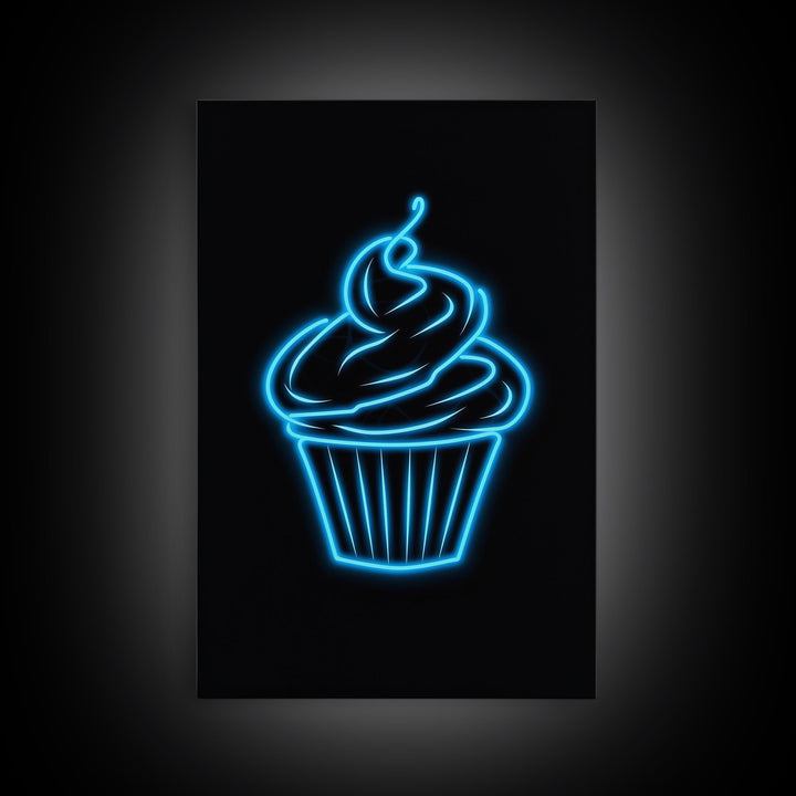 Blue Neon Lights Cupcake Wall Decor, Kitchen Wall Art, Glowing Art, Minimalist Print, Wall Decor, Canvas Print, Wall Art, Framed Canvas