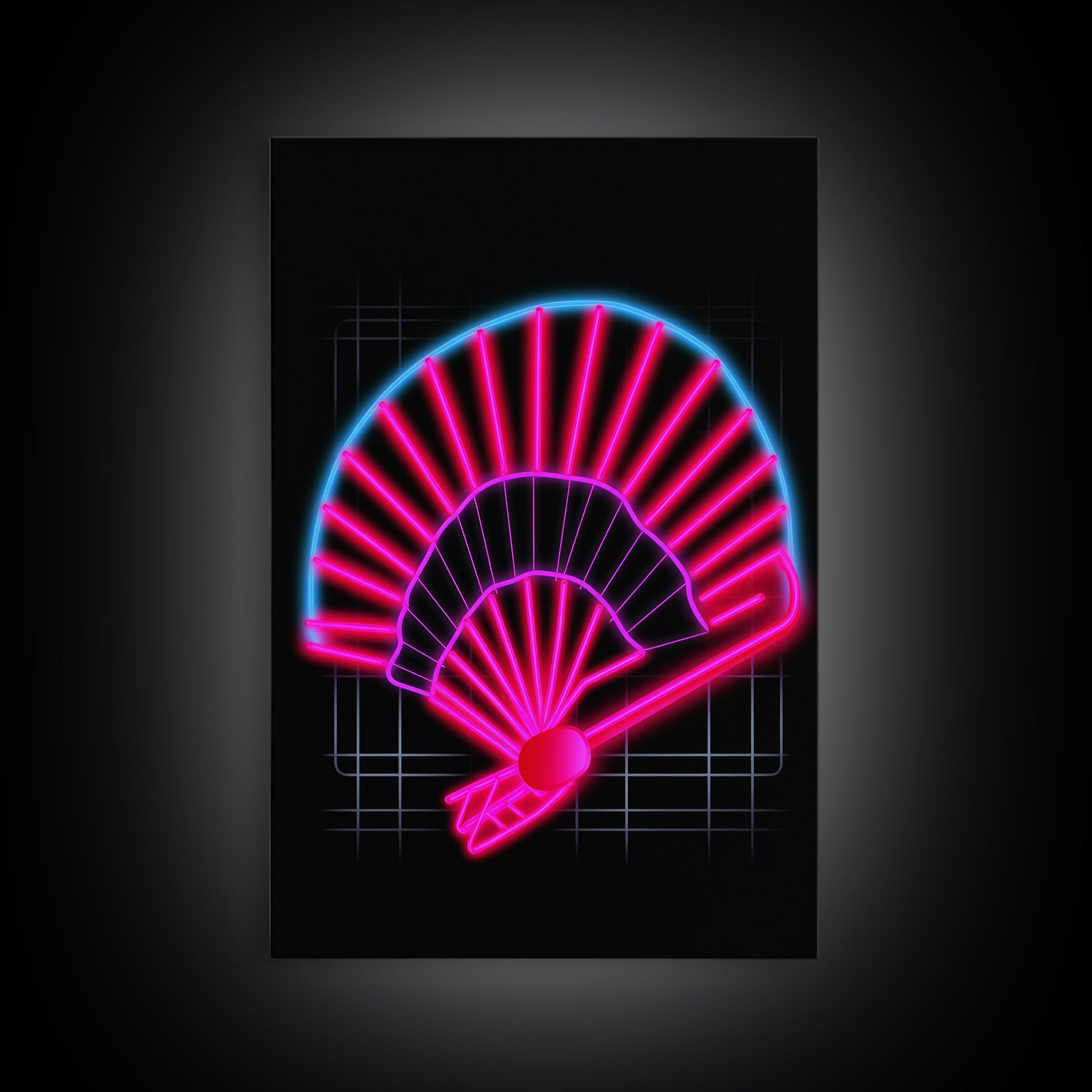 Neon Lights Folding Fan Wall Art, Line Art Print, Pink, Glowing Art, Minimalist Print, Wall Decor, Canvas Print, Wall Art, Framed Canvas