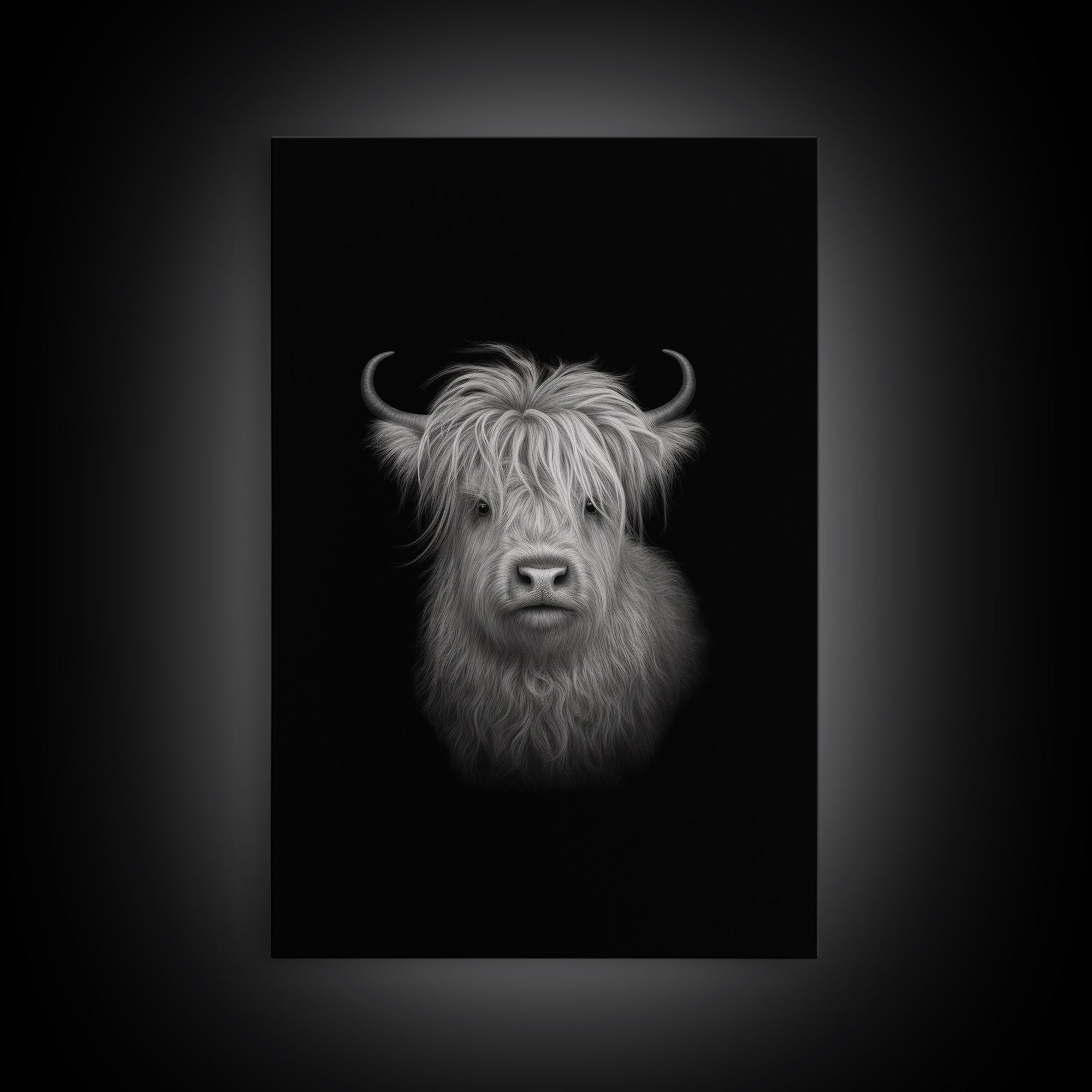 Highland Cow Art Print, Black And White, Animal Wall Decor, Minimalist Art, Wall Decor, Canvas Art, Wall Art, Framed Canvas Wall Decor