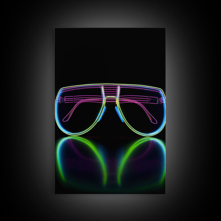 Neon Lights Eye Glasses Wall Decor, Glowing Art Print, Vibrant Art, Minimalist Print, Wall Decor, Canvas Print, Wall Art, Framed Canvas