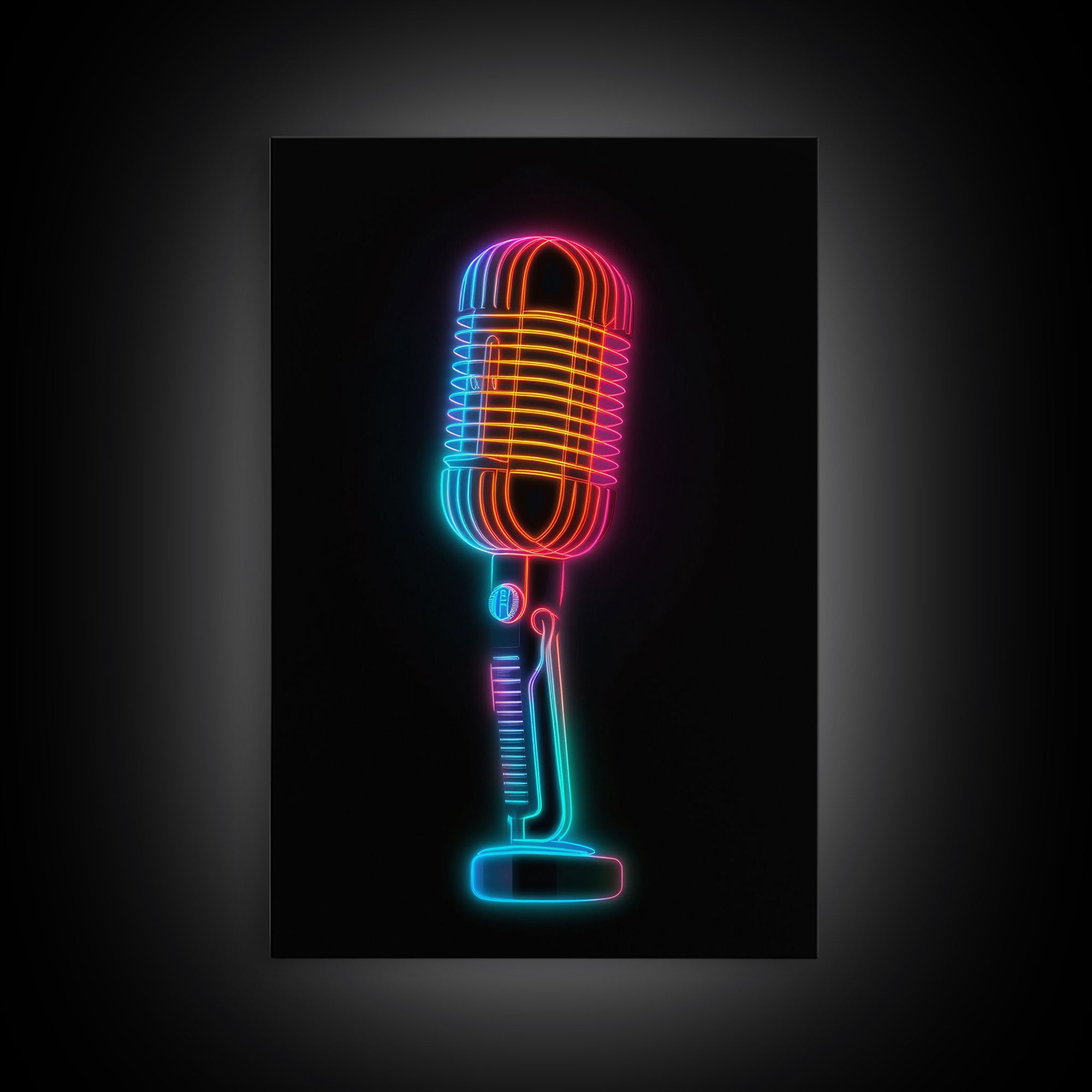 Neon Lights Retro Microphone Wall Art, Vibrant Art, Music Room Wall Art, Minimalist Print, Wall Decor, Canvas Print, Wall Art, Framed Canvas
