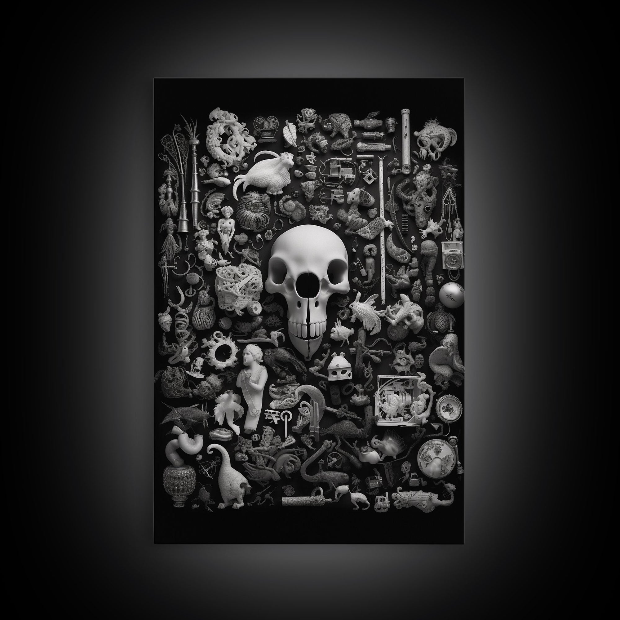 Collection of Trinkets Wall Art, Weird Wall Art, Black And White, Minimalist Print, Wall Decor, Canvas Print, Wall Art, Framed Canvas