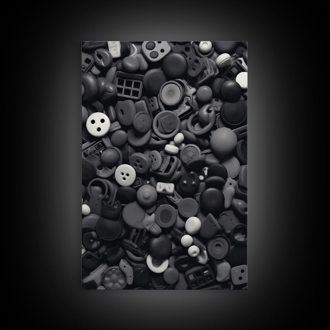 Collection Of Buttons Wall Art, Sewing Room Wall Decor, Black And White, Minimalist Print, Wall Decor, Canvas Print, Wall Art, Framed Canvas