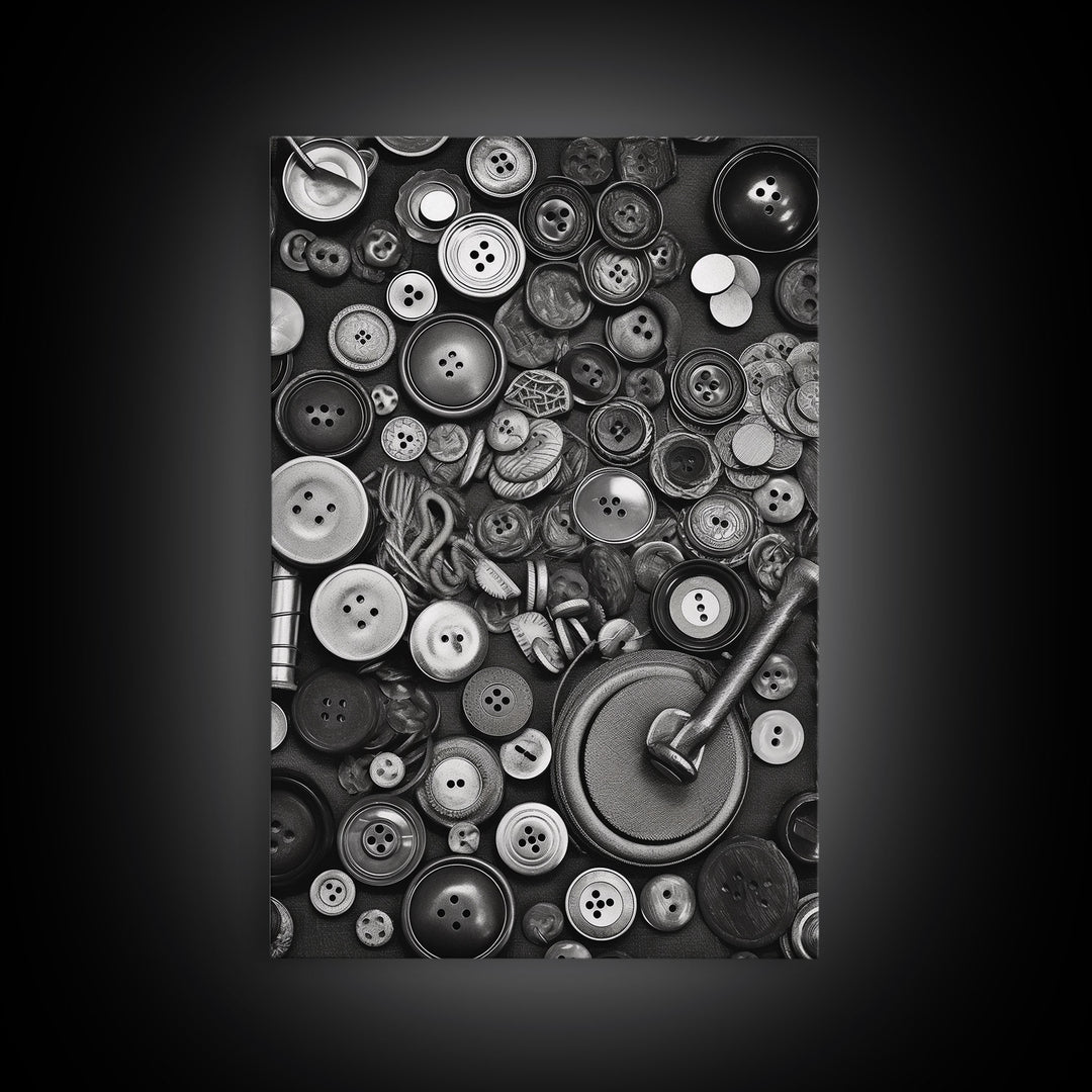 Buttons Wall Decor, Sewing Room, Craft Room, Black And White, Minimalist Print, Wall Decor, Canvas Print, Wall Art, Framed Canvas