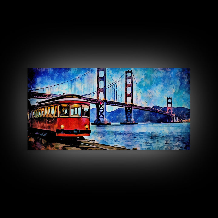 Watercolor Golden Gate Bridge Wall Art, Cable Car, San Francisco, Panoramic Wall Decor, Canvas Print, Wall Art, Framed Canvas Art