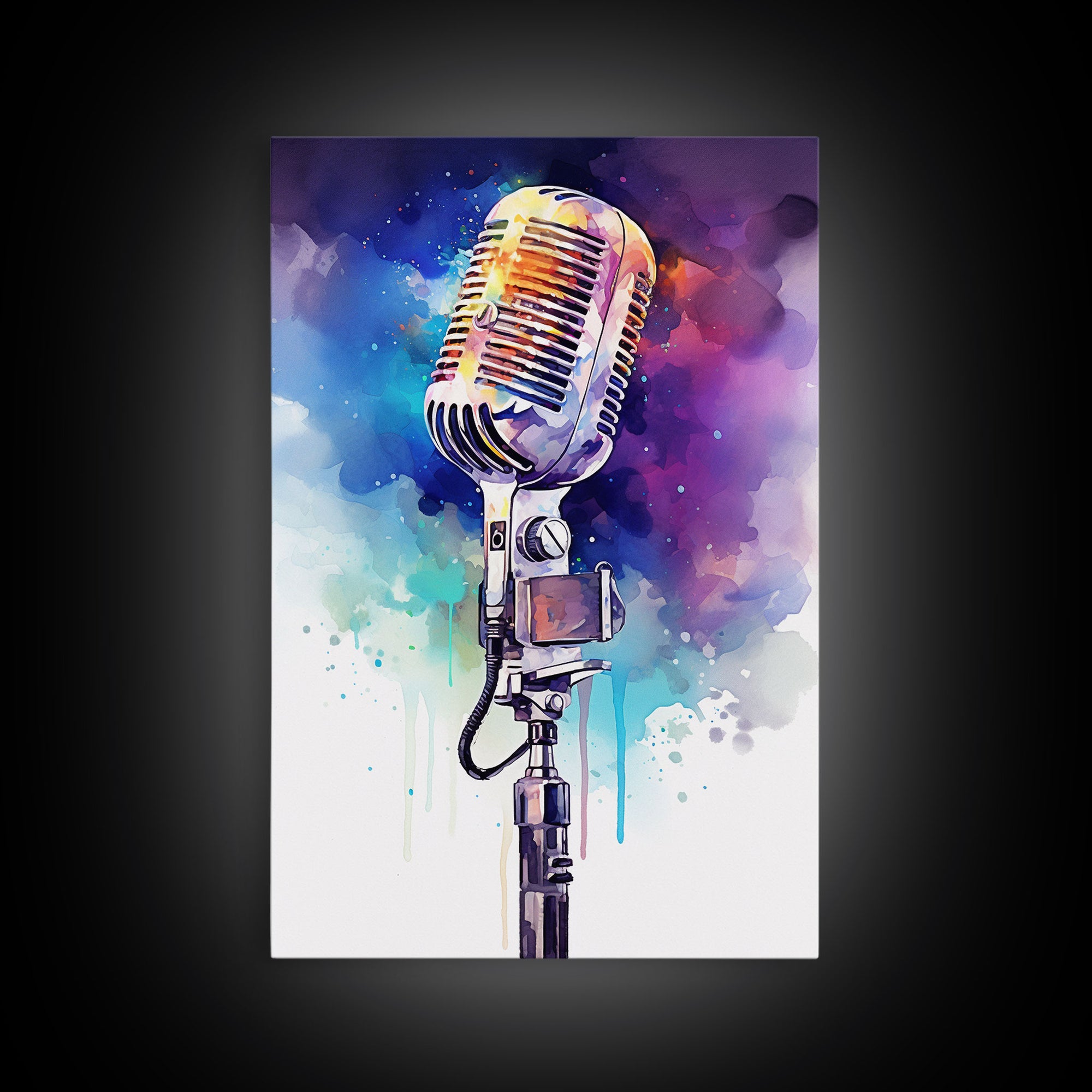 Neon Graffiti Splatter Paint Microphone Art, Vintage Microphone Painting Framed Canvas Print, Studio Wall Art, Music Studio Decor