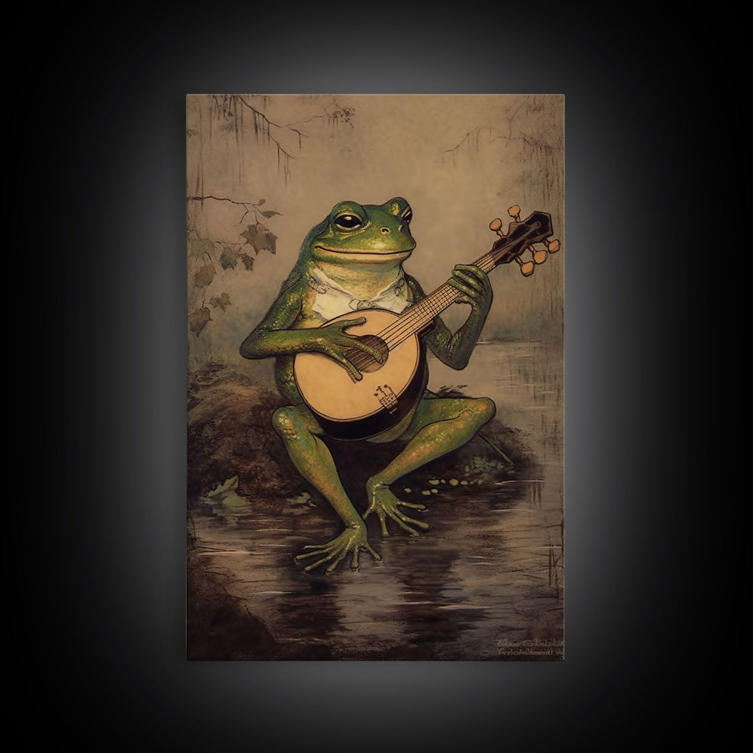 The Banjo Toad, Frog Playing A Banjo In The Moonlight, Vintage Canvas Print or Poster, Funny Frog Art, Retro Art, Vintage Print