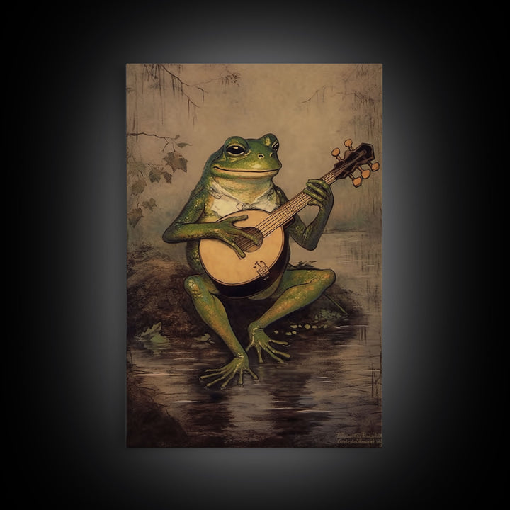The Banjo Toad, Frog Playing A Banjo In The Moonlight, Vintage Canvas Print or Poster, Funny Frog Art, Retro Art, Vintage Print