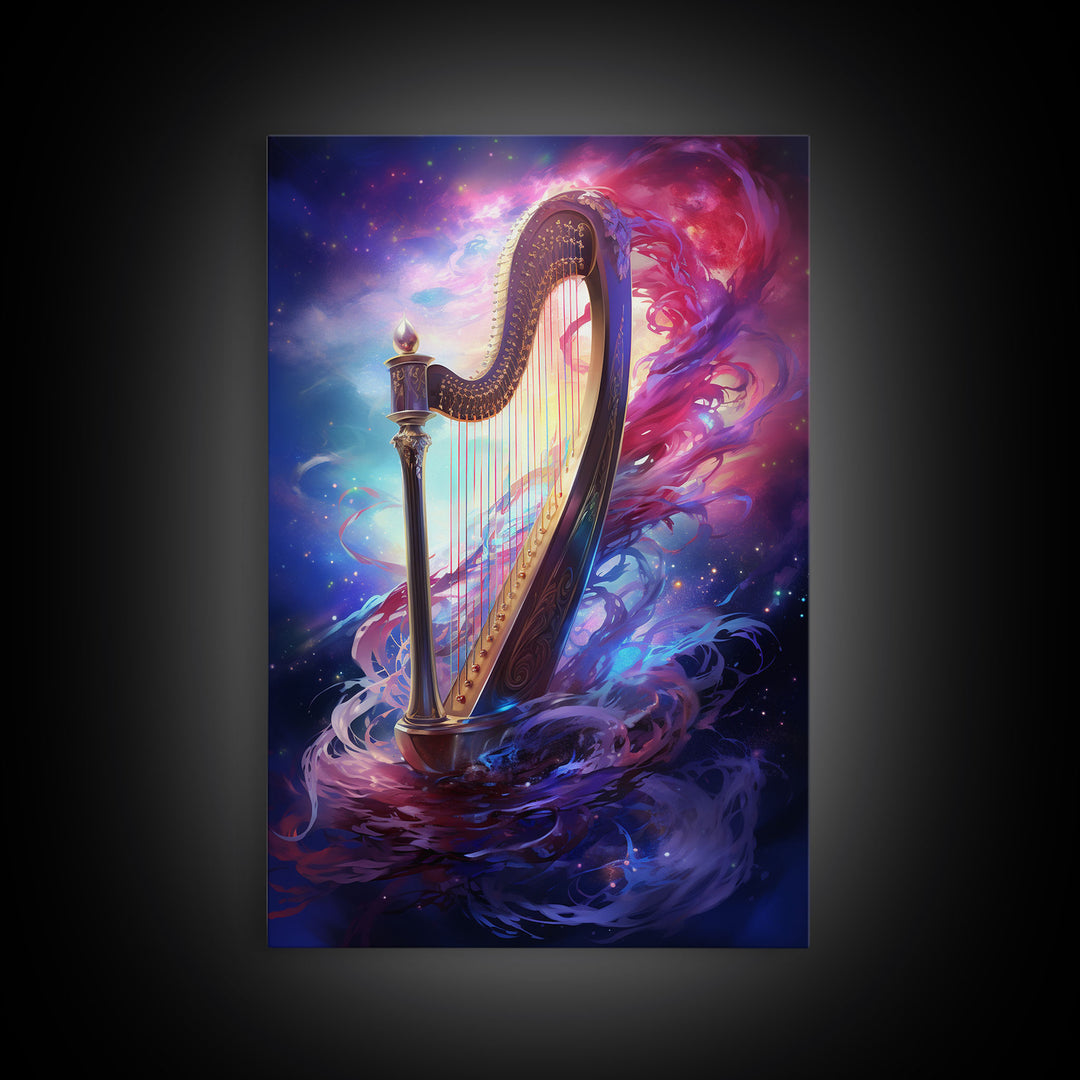 Heavenly Harp Among The Stars, Harp Art, Harp Print, Framed Canvas Art, Harp Wall Decor, Music Gift