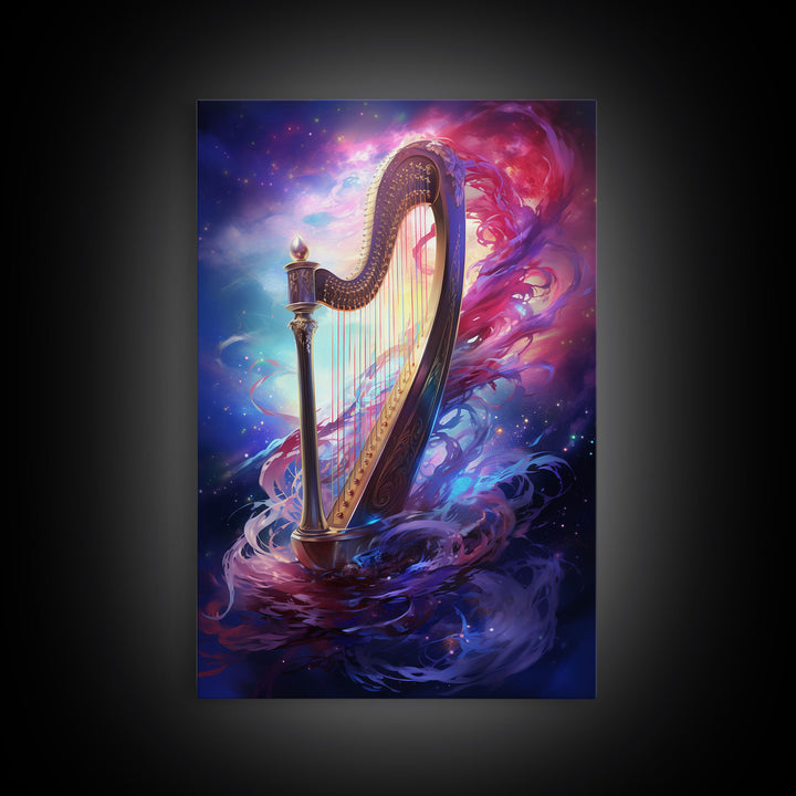 Heavenly Harp Among The Stars, Harp Art, Harp Print, Framed Canvas Art, Harp Wall Decor, Music Gift