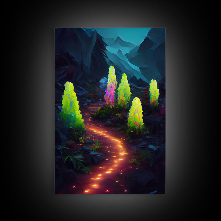 Magical forest canvas print, glowing mushroom art, fantasy forest wall art, gloomy dark home decor, luminescent forest trail wall art