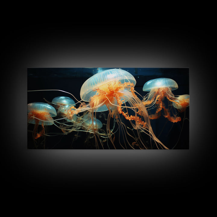 Jelly Fish  Art, Ocean Wall Art, Orange Jelly Fish, Panoramic Art, Wall Art, Canvas Art, Landscape Art, Gift For Boss, Teen Boy Room Decor