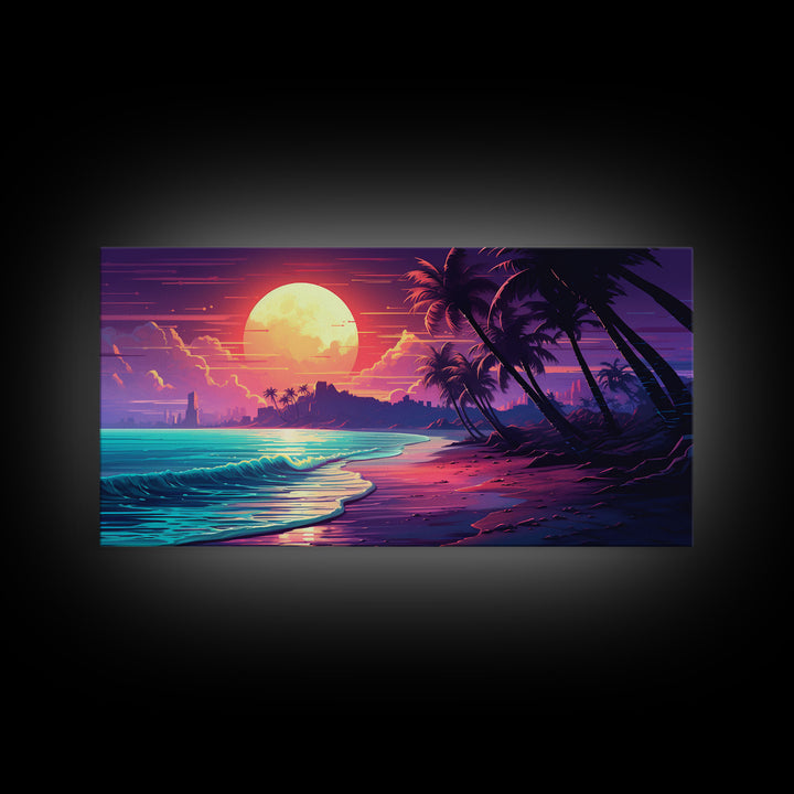 Outrun Vibes, Sunset Over The City and Beach, Palm Tree Decor, Game Room Art, Aesthetic Posters, Retro Art, 80s Vibes, 80s Art