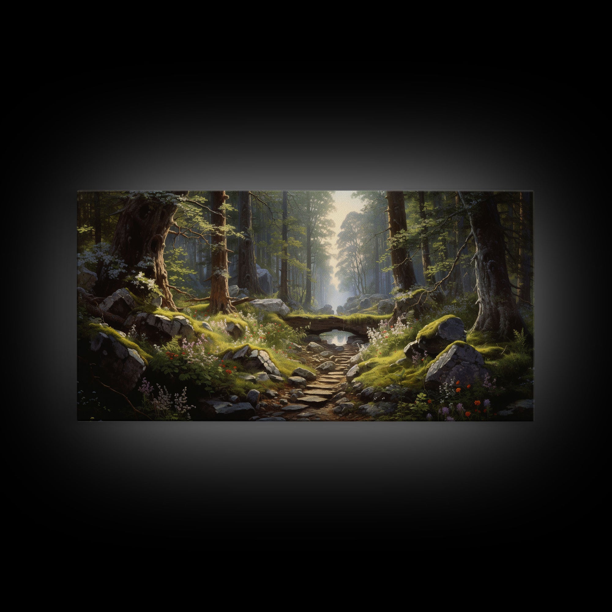 SlightlyScorched Framed Canvas Print Emerald Green Fantasy Forest, Mountain Forest Lake Landscape Minimalist Modern Art Nature Wall Decor