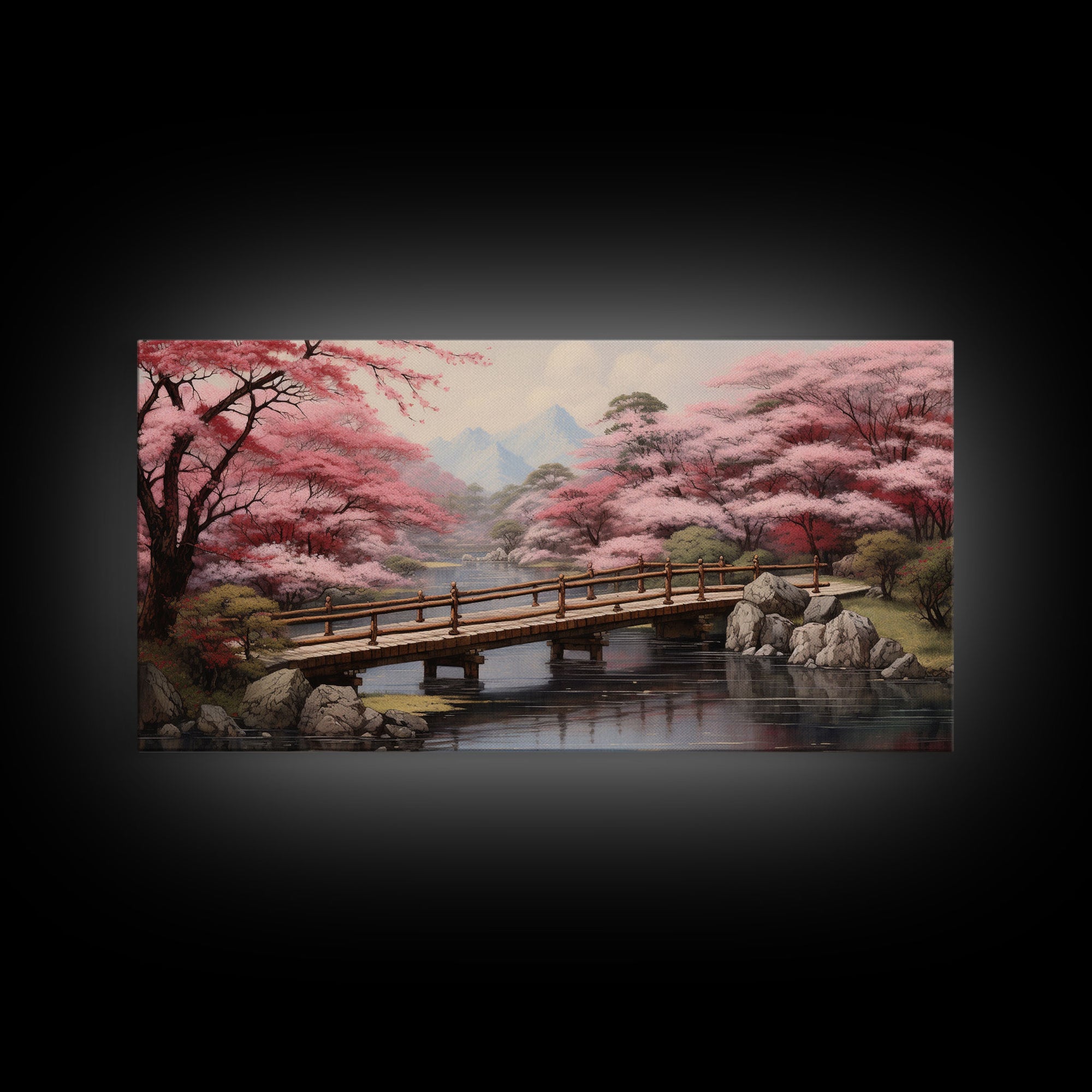 Japanese Wall Art, Cherry Blossoms, River Wall Art, Panoramic Art, Wall Art, Canvas Art, Landscape Art Print, Office Wall Art, Kitchen Art