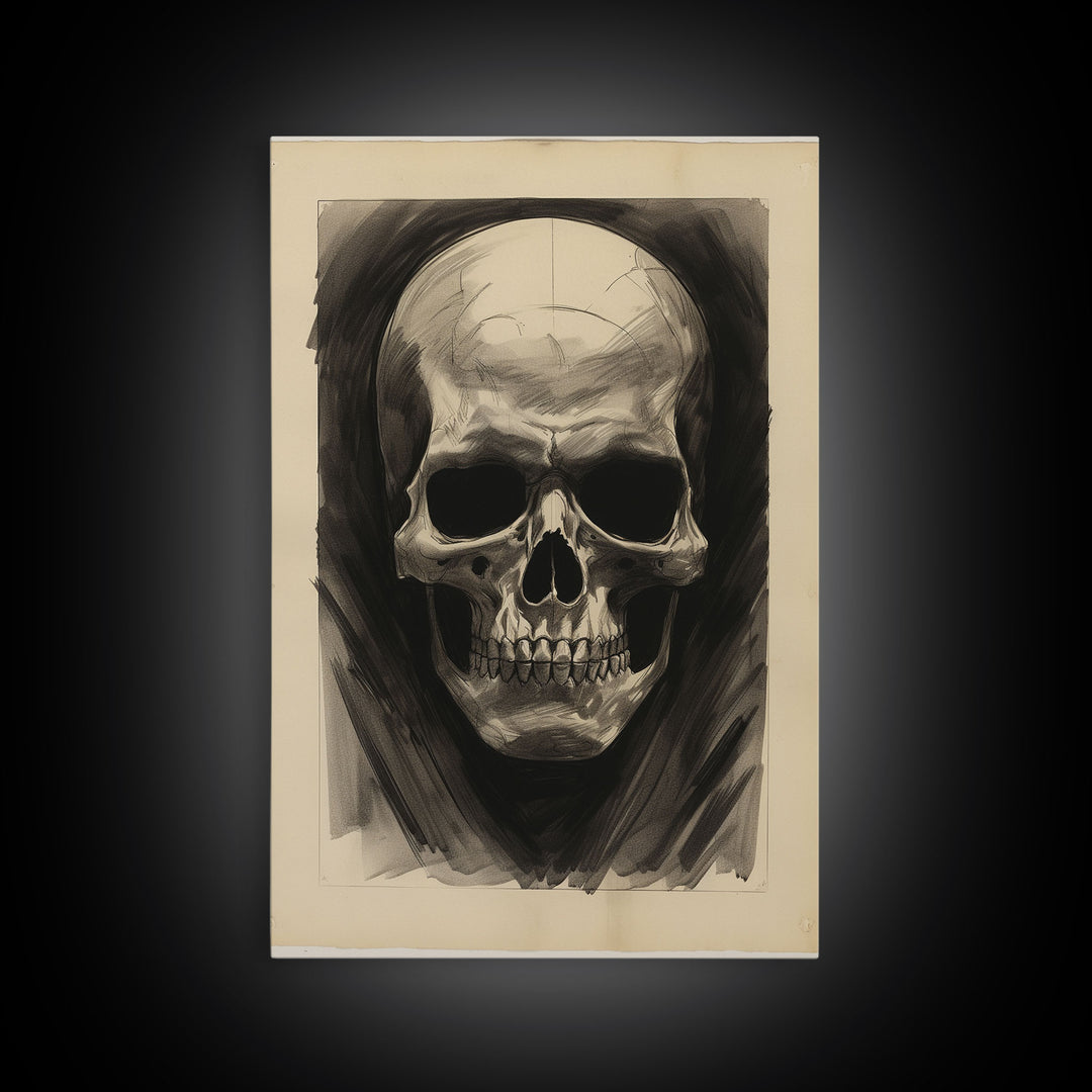 Charcoal Drawing, Human Skull, Gothic Art Print, Spooky Decor, Canvas Print, Wall Art, Vertical Art, Gaming Wall Decor, Office Wall Decor