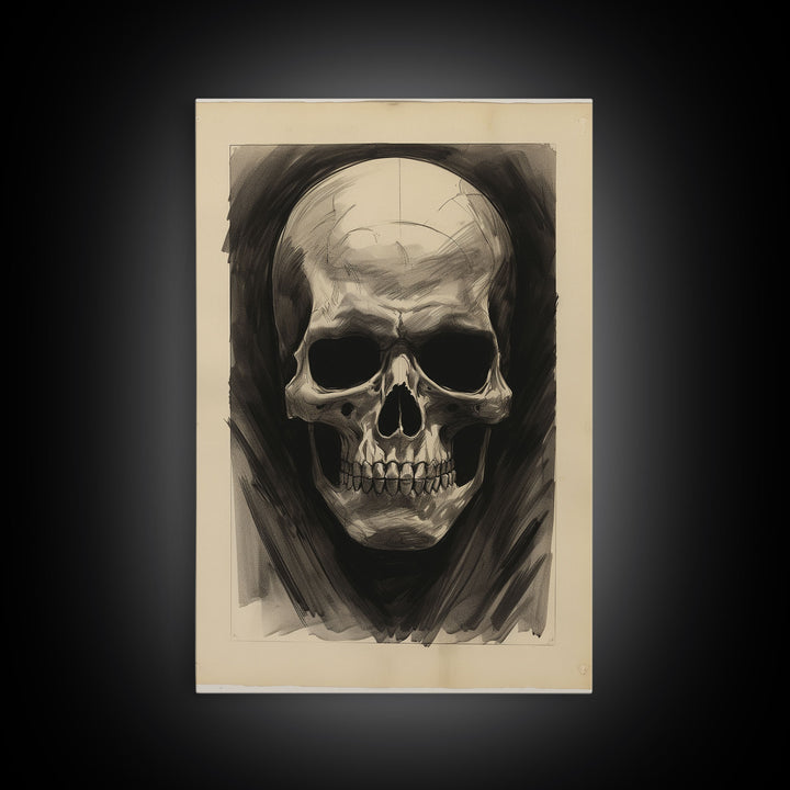 Charcoal Drawing, Human Skull, Gothic Art Print, Spooky Decor, Canvas Print, Wall Art, Vertical Art, Gaming Wall Decor, Office Wall Decor