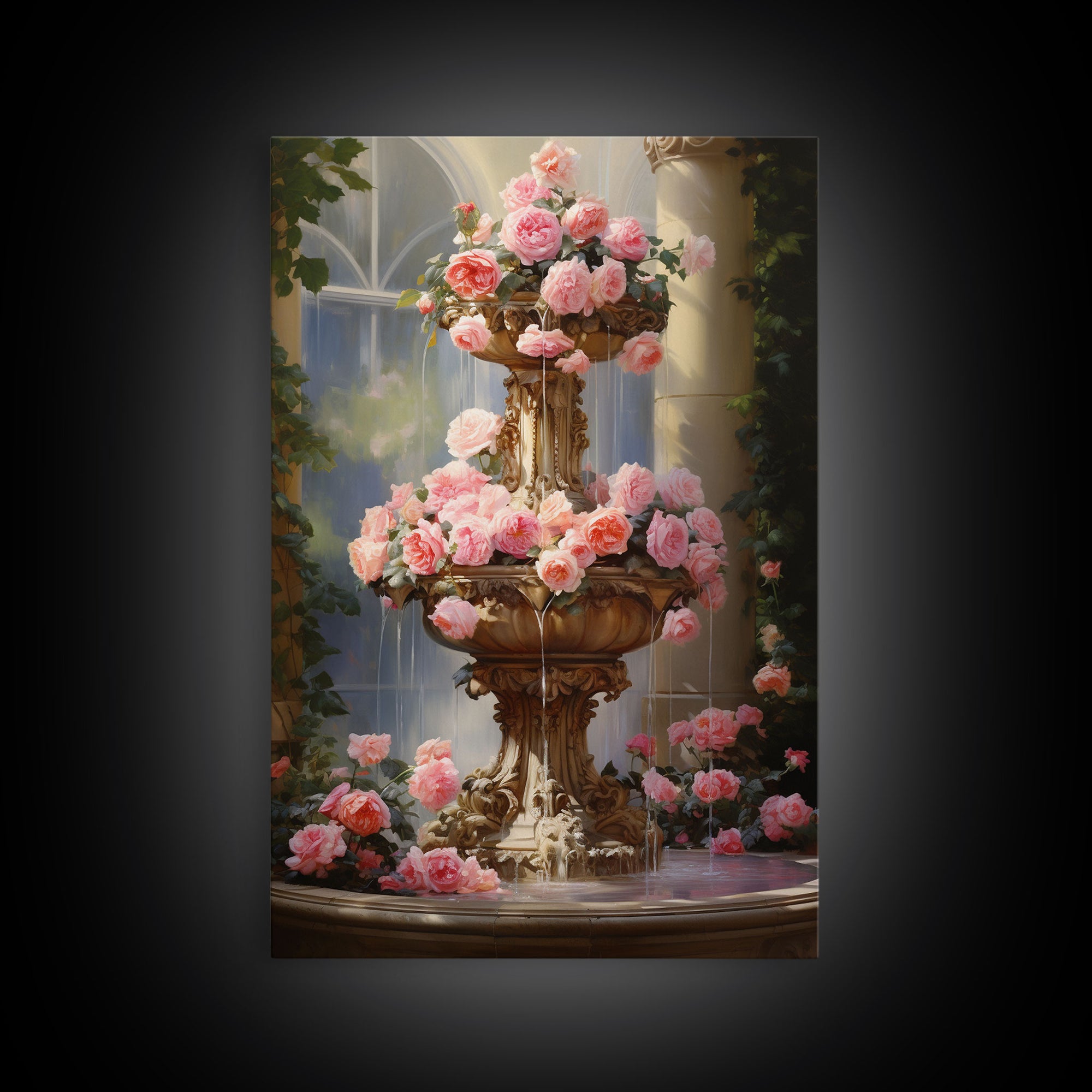 Fountain Wall Print, Pink Roses Wall Art, Flower Art Print, Canvas Print, Wall Art, Vertical Print, Botanical Art, Country Home Decor