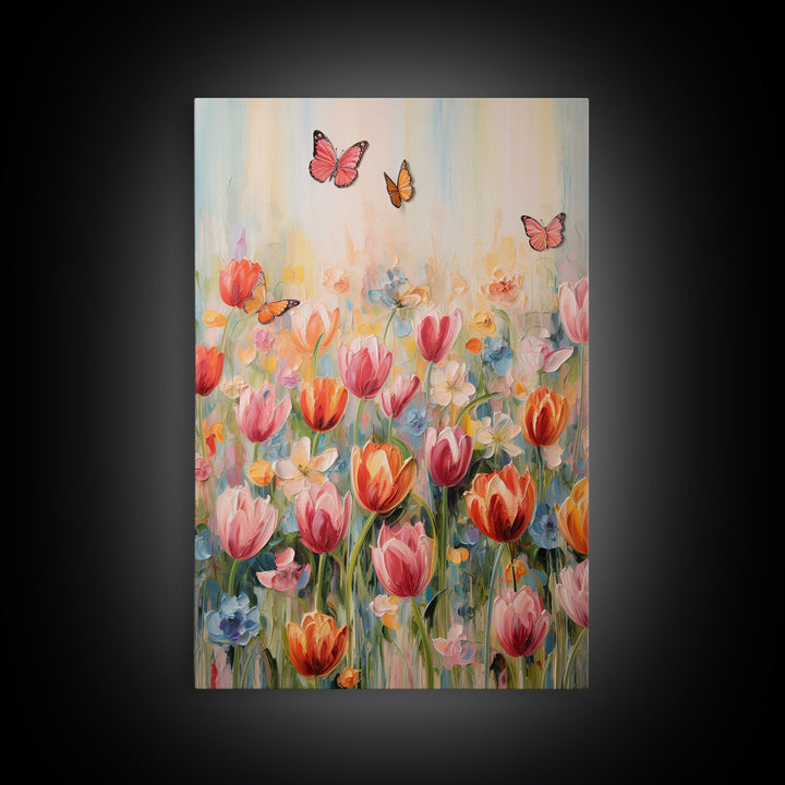 Tulip Field Wall Art, Flower Wall Print, Colorful Art, Butterfly Art, Canvas Print, Wall Art, Vertical Print, Birthday Gift, House Wall Art