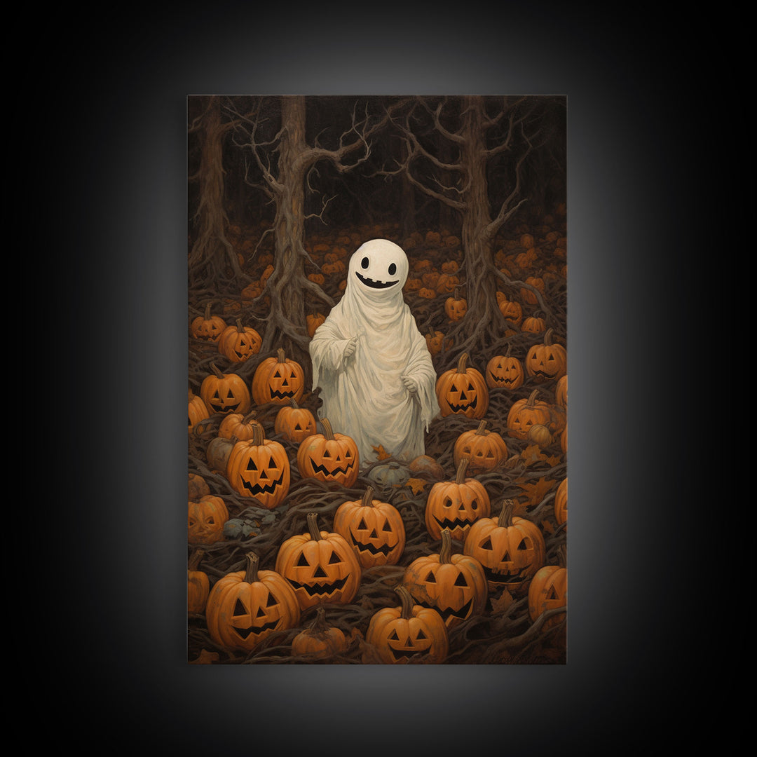 Fall Omens - Spooky Ghost In A Pumpkin Patch, Halloween Decor, Fall Art, Framed Canvas Print, Spooky Halloween Decor
