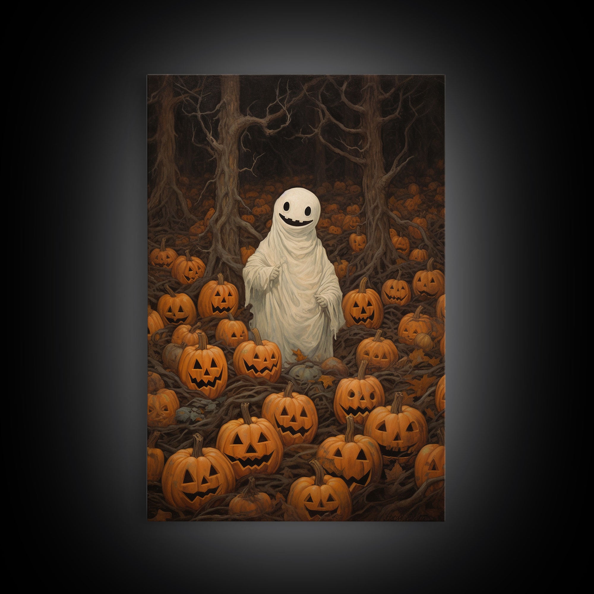 Fall Omens - Spooky Ghost In A Pumpkin Patch, Halloween Decor, Fall Art, Framed Canvas Print, Spooky Halloween Decor
