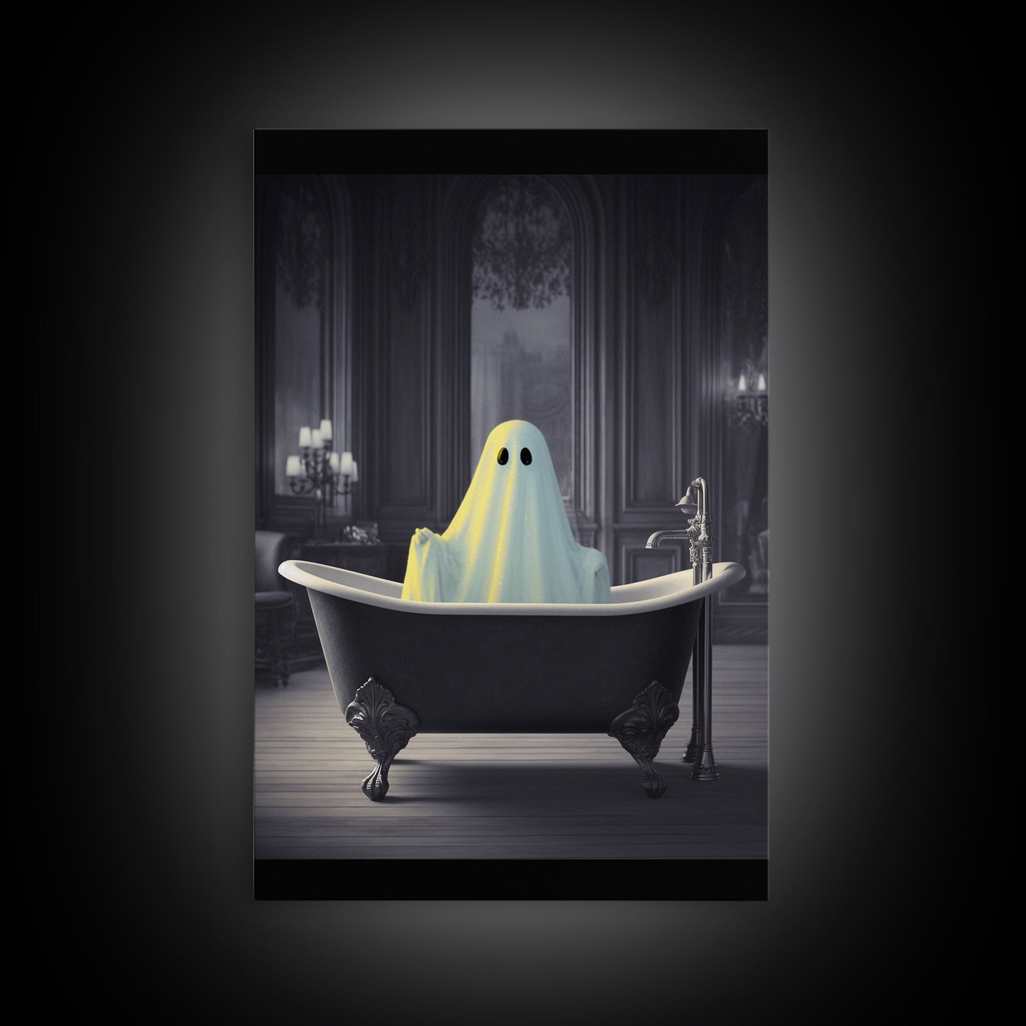 Funny Halloween Art, Ghost Takin' A Bath, Framed Canvas Print, Halloween Canvas, Ghost In The Tub, Goofy Gothic Victorian Art